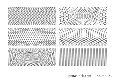 Set of warped soccer or fishing net textures. Distorted wire or lace patterns. Black mesh, metallic or fabric fence, cage or lattice structures on white background. Vector graphic Illustration 136048939