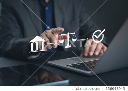 Compliance, audit manager taps a laptop flow from institution to law to checkmark, tracking regulation, approval, governance, policy, legal risk, security, and workflow. concept accountability. Compliance, audit manager taps a laptop flow from institution to law to checkmark, tracking regulation, approval, governance, policy, legal risk, security, and workflow. concept accountability. 136048943