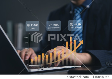 Analytics, sales manager reviews a dashboard on a laptop in office to track ecommerce orders, conversion, revenue, data, marketing and growth, guiding business plans. concept digital commerce KPIs. Analytics, sales manager reviews a dashboard on a laptop in office to track ecommerce orders, conversion, revenue, data, marketing and growth, guiding business plans. concept digital commerce KPIs. 136048946