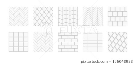 Set of tile metro and herringbone patterns. White ceramic or stone wall textures. Kitchen backsplash or shower floor backgrounds. Interior or exterior surface mosaic decorations. Vector illustration 136048958