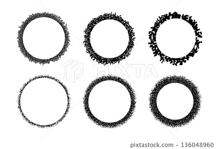 Round frames with charcoal texture. Circular shapes with noise or dirt, sand or dust borders isolated on white background. Decorative design elements with gritty effect. Vector graphic illustration. 136048960