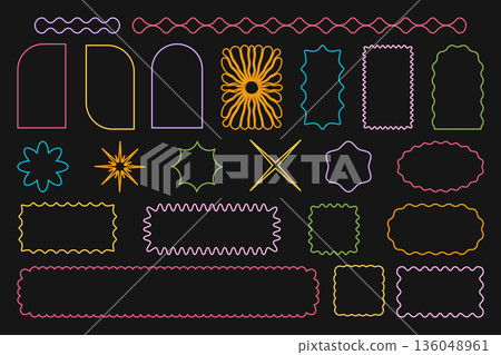 Set of colorful star, sun and arch, rectangle and square, oval and circle icons with scalloped edges. Simple cute forms with curvy borders. Empty tags or labels frames. Vector outline illustration 136048961