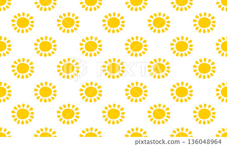 Seamless pattern with cute yellow sun silhouettes. Sunburst, sunlight or sunshine background. Summer theme wallpaper. Positive vibes print for textile or wrapping paper. Vector flat illustration Seamless pattern with cute yellow sun silhouettes. Sunburst, sunlight or sunshine background. Summer theme wallpaper. Positive vibes print for textile or wrapping paper. Vector flat illustration 136048964