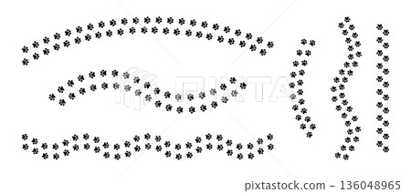 Set of paths of wet or muddy pawprints of dog or cat. Pet paw steps on floor or snow. Footprints of running or walking wild animals isolated on white background. Vector graphic illustration Set of paths of wet or muddy pawprints of dog or cat. Pet paw steps on floor or snow. Footprints of running or walking wild animals isolated on white background. Vector graphic illustration 136048965