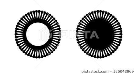 Round frame and shape with petal borders. Simple flower silhouettes isolated on white background. Round napkin with laced borders. Spring or summer ornament. Vector graphic illustration Round frame and shape with petal borders. Simple flower silhouettes isolated on white background. Round napkin with laced borders. Spring or summer ornament. Vector graphic illustration 136048969