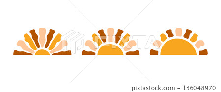 Half-sun shapes isolated on white background. Wavy sunny rays in semicircle forms. Sunrise or sunset signs. Spring or summer theme print. Happy positive vibes concept. Vector flat illustration 136048970