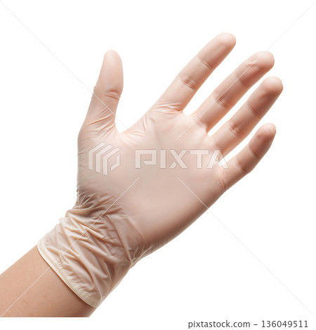 Hand Wearing a Latex Glove on a Plain Background for Safety and Protection in Various Tasks 136049511