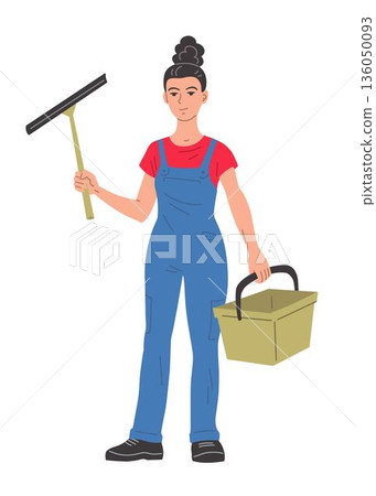Female window cleaner holding squeegee and bucket Female window cleaner holding squeegee and bucket 136050093