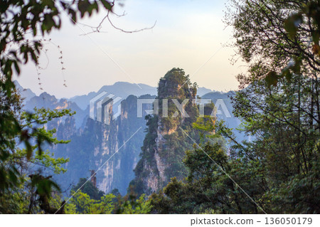 Zhangjiajie national forest park. A mountain range with a forest in the background Zhangjiajie national forest park. A mountain range with a forest in the background 136050179