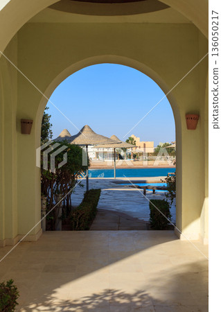 El Gouna Egypt 2.11.2025. A large archway leads to a pool area 136050217
