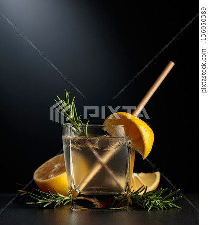 Cold refreshing drink with ice, lemon, and rosemary. Cold refreshing drink with ice, lemon, and rosemary. 136050389