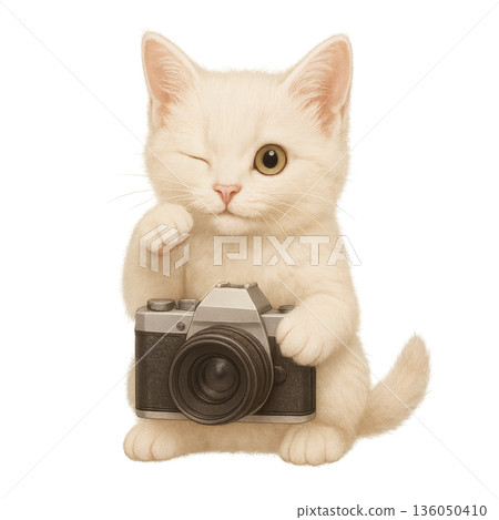 A cute illustration of a kitten holding a camera with one eye closed, with a concentrated expression 136050410