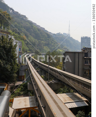Chongqing China 4.7.2025. The rail transit Liziba station. 136050492