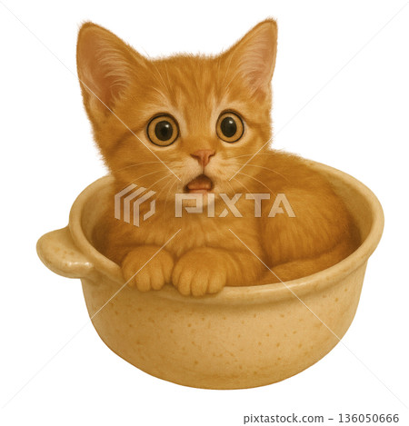 A cute illustration of a brown tabby kitten looking up from inside a clay pot with a puzzled expression A cute illustration of a brown tabby kitten looking up from inside a clay pot with a puzzled expression 136050666