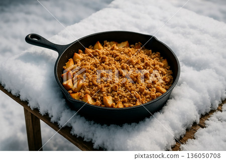 在白雪皚皚的田野裡，坐在桌旁享用熱騰騰的蘋果酥。 136050708