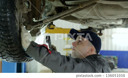 Car mechanic wearing protective gloves, checking vehicle undercarriage with flashlight inside modern automotive workshop Car mechanic wearing protective gloves, checking vehicle undercarriage with flashlight inside modern automotive workshop 136051038