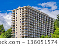 Back side of apartment residential building on blue sky background 136051574
