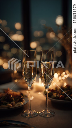 在擁有迷人夜景的餐廳享用香檳 | 奢華的祝酒,是慶祝活動和約會的完美之選 在擁有迷人夜景的餐廳享用香檳 | 奢華的祝酒,是慶祝活動和約會的完美之選 136051579