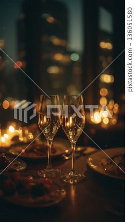 在擁有迷人夜景的餐廳享用香檳 | 奢華的祝酒，是慶祝活動和約會的完美之選 136051580