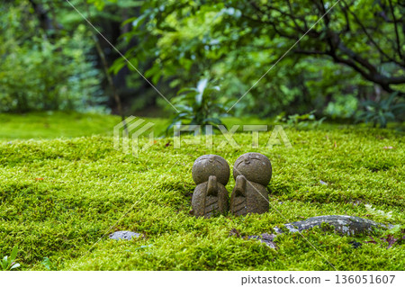 Two stone Buddha statues and quiet prayer in the moss garden Two stone Buddha statues and quiet prayer in the moss garden 136051607