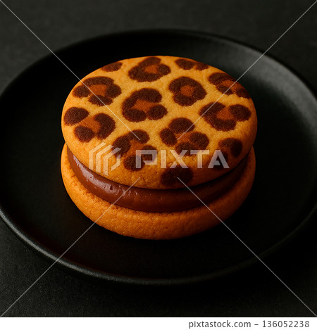 豹紋巧克力夾心餅乾和黑色盤子 豹紋巧克力夾心餅乾和黑色盤子 136052238