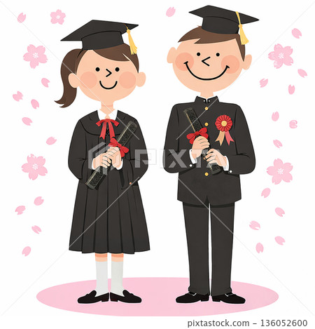 Graduation ceremony, high school student, male and female, illustration, cherry blossom background, school event, certificate 136052600