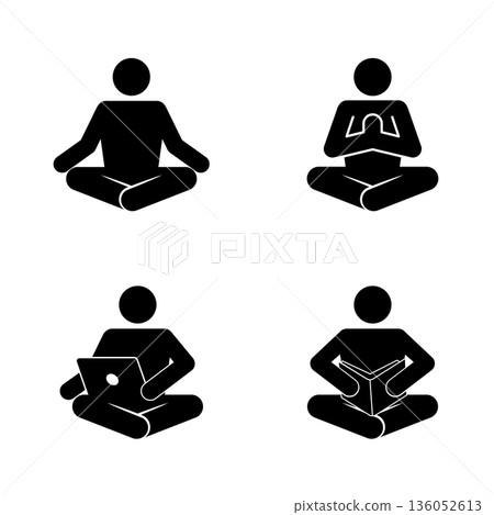Sitting cross legged activities icon set, flat vector illustration. Sitting cross legged activities icon set, flat vector illustration. 136052613