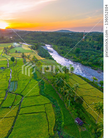 Beautiful morning view in Indonesia, panoramic landscape of rice fields with mountain ranges and clear sky 136052884
