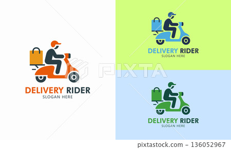 Modern Delivery Rider Logo. Fast Scooter Courier with Package Icon Modern Delivery Rider Logo. Fast Scooter Courier with Package Icon 136052967