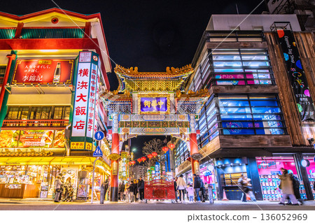 A new view of the cityscape of Yokohama, Japan. The transformation of Yokohama Chinatown. A capsule toy specialty store on the "right side" of the Zenrin Gate. 136052969