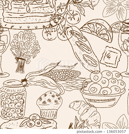 sketch of coffee, tea and sweets on vintage 136053057