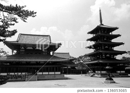 Old photo from 1956, the five-story pagoda and main hall of Horyuji Temple in Nara 136053085