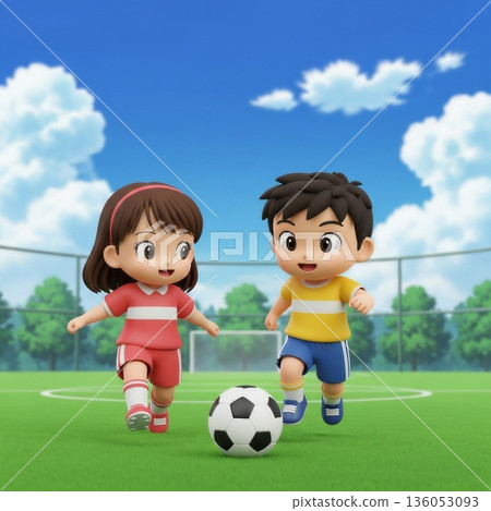 兩個孩子，一男一女，正在足球場上追逐一顆球。 136053093