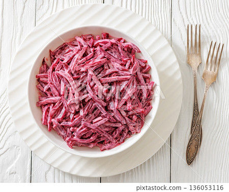 beet salad with mayo and garlic in bowl 136053116