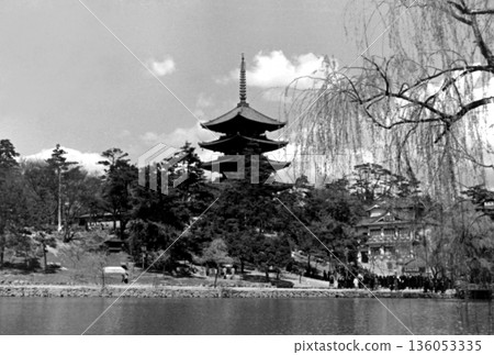 Old photo from 1958: Sarusawa Pond in Nara Park and the five-story pagoda of Kofuku-ji Temple 136053335
