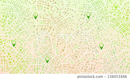 City map background with green location pins and urban roads. Vector illustration. City map background with green location pins and urban roads. Vector illustration. 136053886