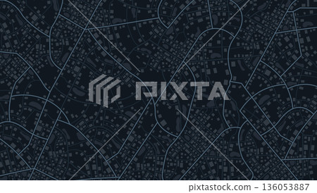 Dark blue city map background with urban streets and navigational paths. Vector illustration. 136053887