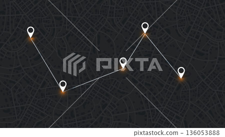 Dark city map background with dotted route line connecting white location pins for logistics tracking. Vector illustration 136053888