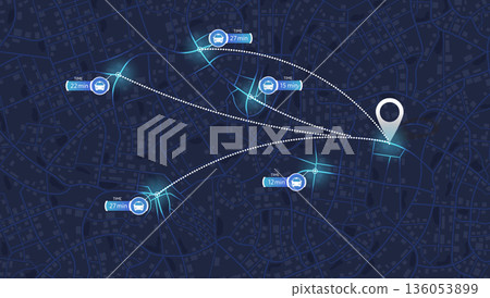 Taxi booking app interface showing nearby cars and estimated arrival time on dark city map. Vector illustration. 136053899