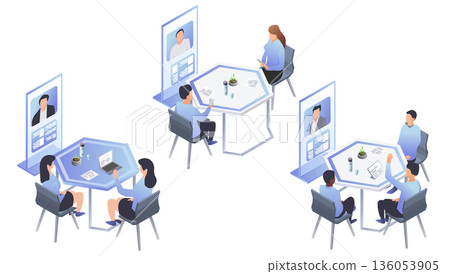 Isometric hybrid business meetings with teams sitting at tables using vertical video screens for remote conference calls. Vector illustration. Isometric hybrid business meetings with teams sitting at tables using vertical video screens for remote conference calls. Vector illustration. 136053905