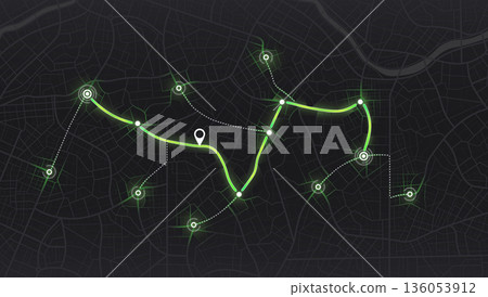 Dark urban street map featuring glowing green navigation route and tracking points for delivery or GPS app. Vector illustration. Dark urban street map featuring glowing green navigation route and tracking points for delivery or GPS app. Vector illustration. 136053912