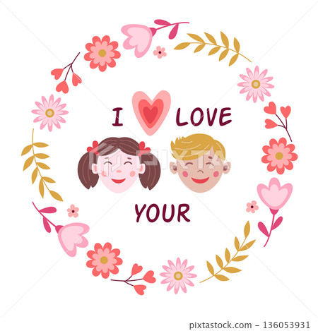 Romantic greeting card for Valentine's day with boy and girl. Romantic greeting card for Valentine's day with boy and girl. 136053931