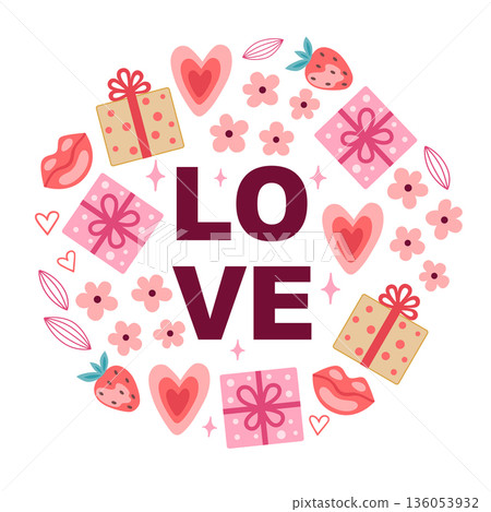 Romantic greeting card for Valentine's day with gifts and Love text. 136053932