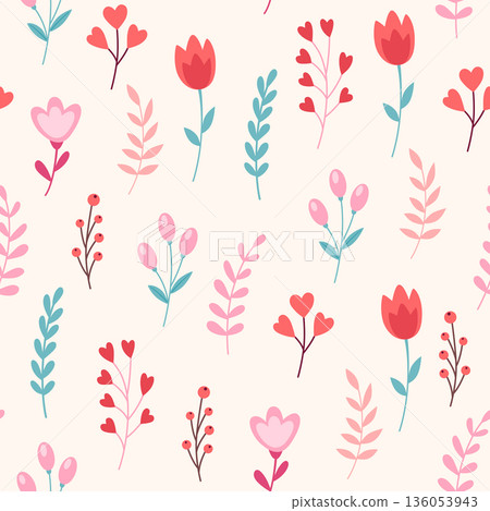 Floral seamless pattern with flowera and leaves for Valentine's Day. Floral seamless pattern with flowera and leaves for Valentine's Day. 136053943