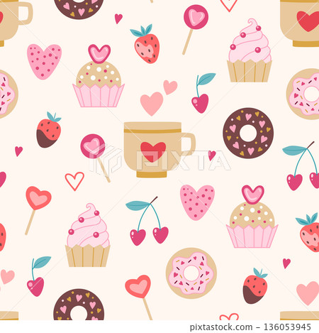Seamless pattern with cup and sweets for Valentine's Day. Seamless pattern with cup and sweets for Valentine's Day. 136053945