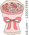 Hand drawn pink rose bouquet with pink ribbon, romantic floral element for valentine's day. 136053999