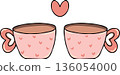 Pair of pink coffee cups with heart shaped handles, valentine's day cafe concept doodle. 136054000