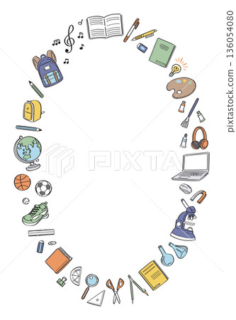 學校生活文具和工具的線條畫垂直圓形邊框 136054080
