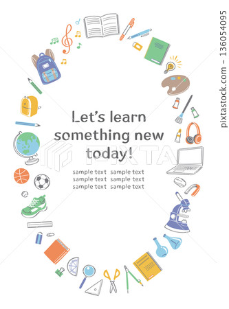 垂直圓形邊框，內含學校生活所需的文具與工具插圖 136054095