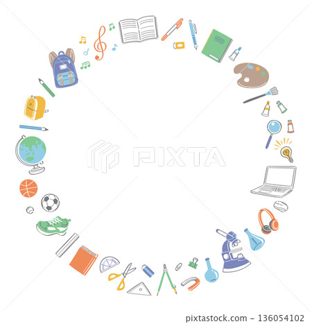 A round frame of illustrations of stationery and tools for school life 136054102